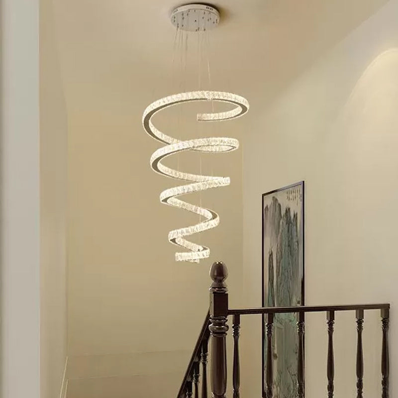 Minimal Clear Crystal Led Pendant Light Kit For Living Room - Spiral Chandelier Lamp / 31.5