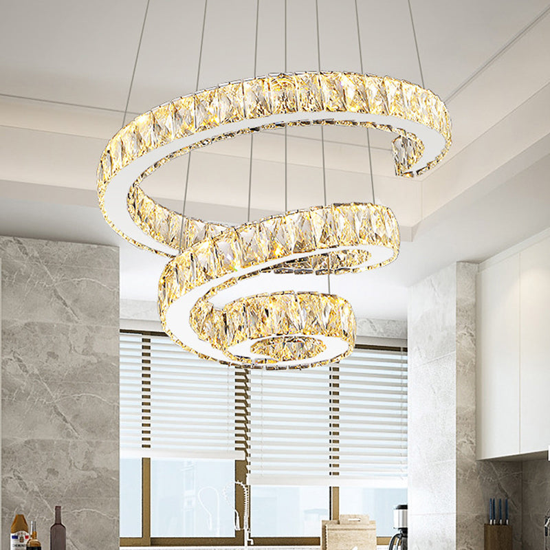 Minimal Clear Crystal Led Pendant Light Kit For Living Room - Spiral Chandelier Lamp / 18