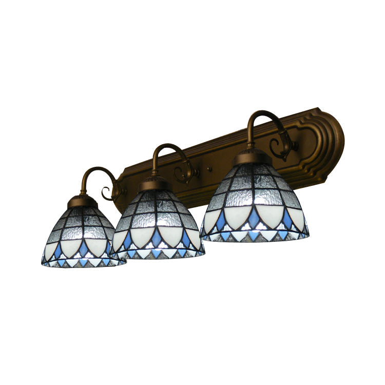 Stained Glass Vintage Vanity Light - Dome Wall Mount With Curved/Arc Arm 3 Lights For Bathroom