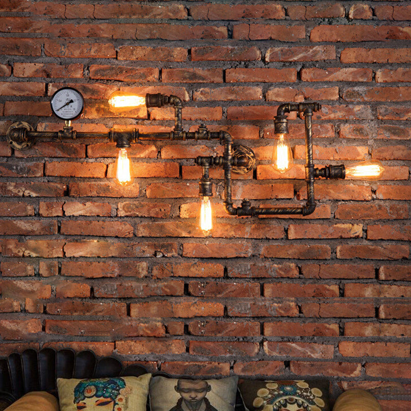 Cyberpunk Metallic Rust Wall Sconce With Bare Bulb Design Piping Restaurant Lamp / B
