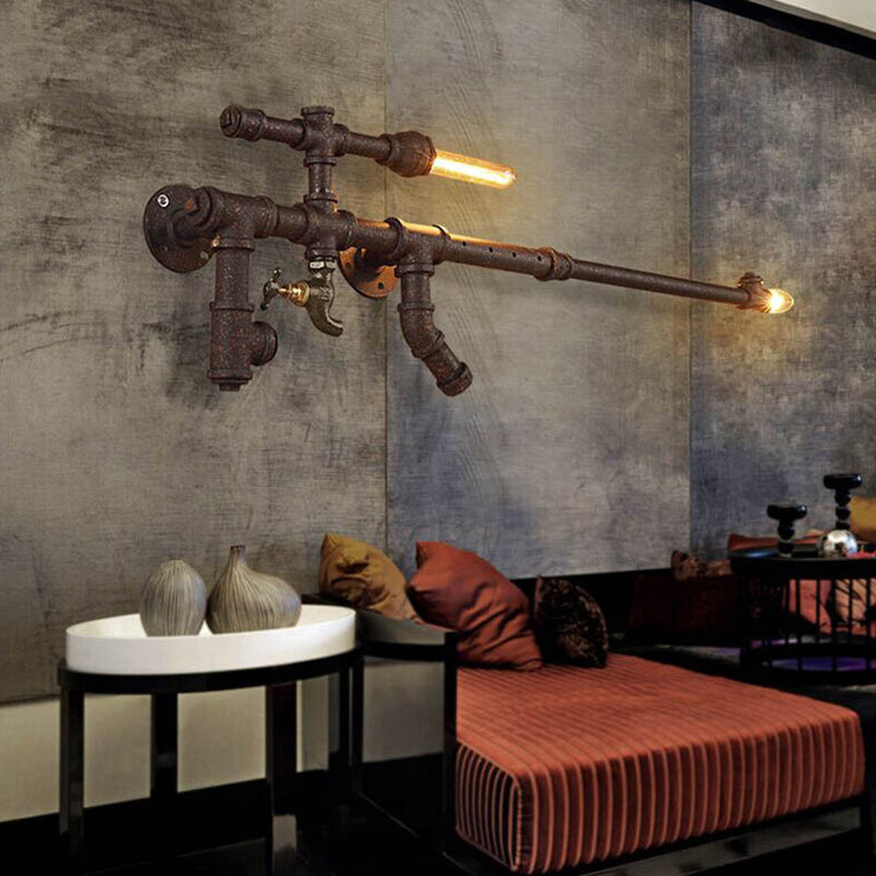 Industrial Metal Rust Wall Sconce With Gun-Shaped Design 2 Bulbs And Decorative Faucet - Warehouse
