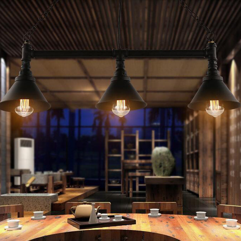 Industrial Cone Pendant Light - 3-Light Black Wrought Iron Hanging Lamp For Dining Room