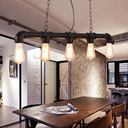 Elongated Pipe Island Pendant Light - Farmhouse Metallic Fixture With 5 Heads For Dining Room Black