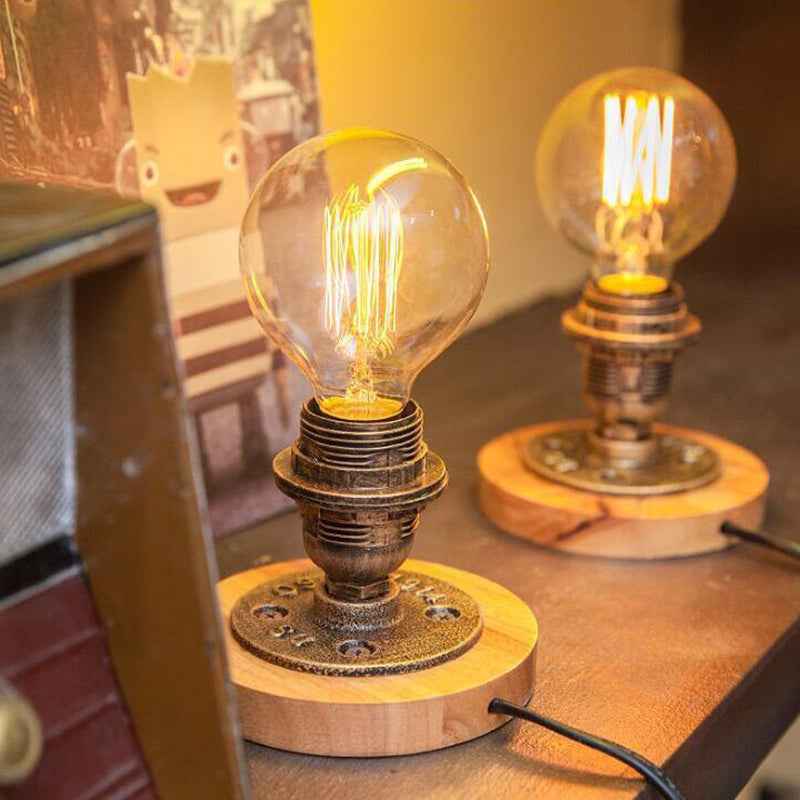 Industrial Style Bronze Metal Table Lamp - Open Bulb Bedside Nightstand Lighting
