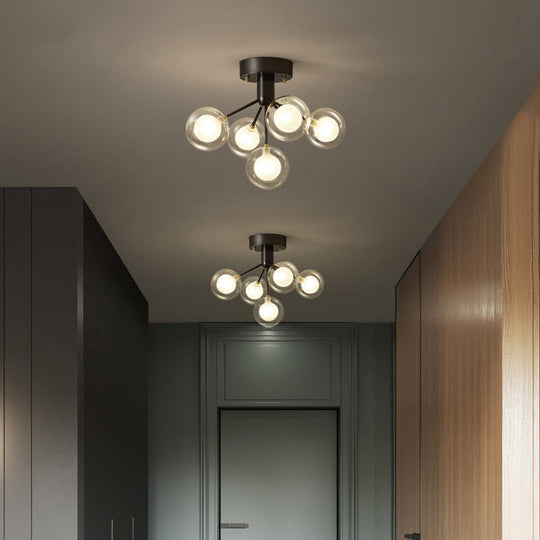 Modernist Dual Glass Molecular Semi-Flush Light With 5 Lights - Ideal For Corridors Black