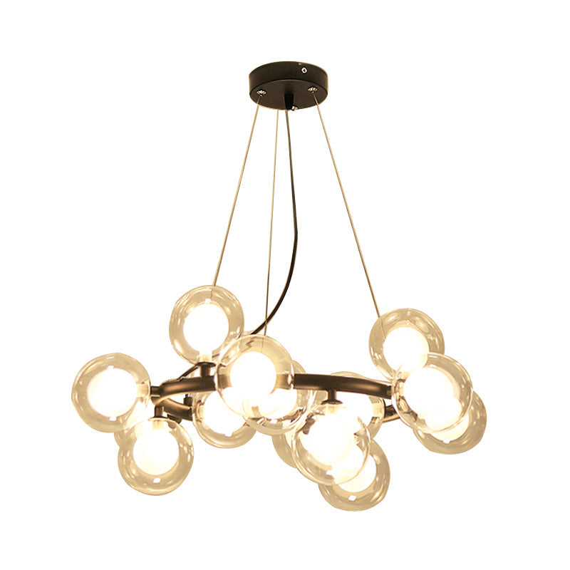 Modern Black/Gold Finish Glass 15/25-Bulb Global Shade Chandelier Lamp with Metal Ring - Ceiling Light Fixture