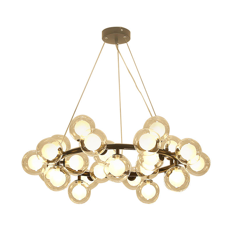 Modern Black/Gold Finish Glass 15/25-Bulb Global Shade Chandelier Lamp with Metal Ring - Ceiling Light Fixture