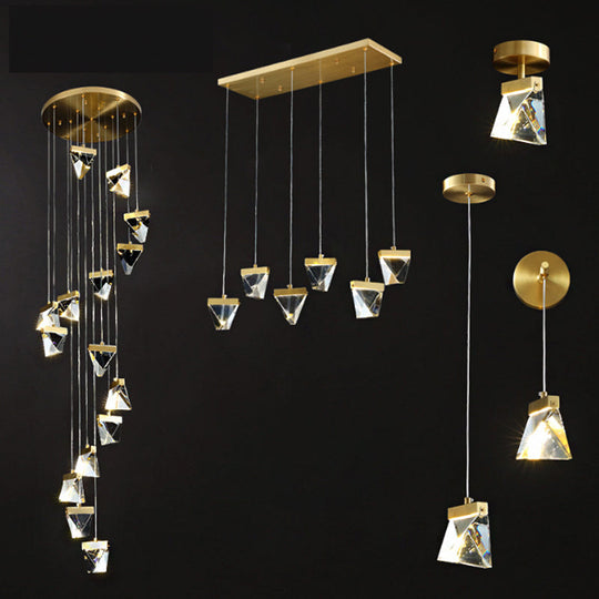 Contemporary Crystal Pendant Light for Stairs: Triangle Spiral Cluster Design