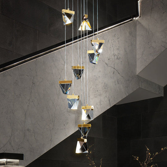 Contemporary Crystal Cluster Pendant For Stairs - Clear Triangle Spiral Hanging Light 10 /