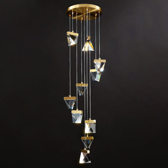 Contemporary Crystal Cluster Pendant For Stairs - Clear Triangle Spiral Hanging Light