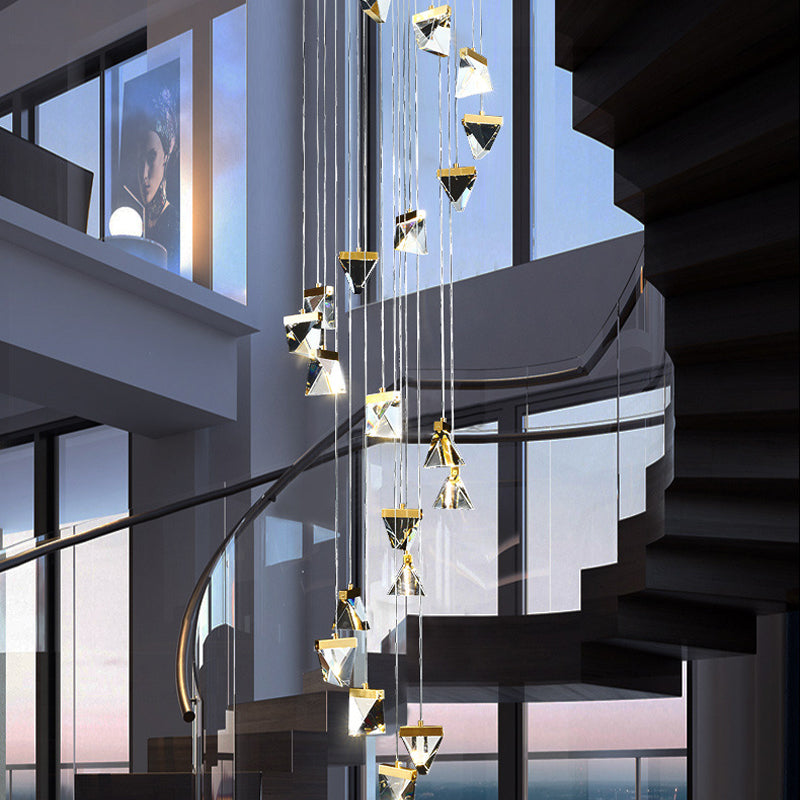 Contemporary Crystal Pendant Light for Stairs: Triangle Spiral Cluster Design