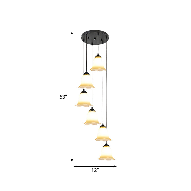Black Minimalist Flower Stairs Multi-Pendant Light With Frosted Glass And Round Canopy