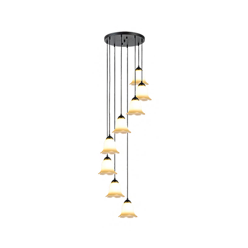 Black Minimalist Flower Stairs Multi-Pendant Light With Frosted Glass And Round Canopy