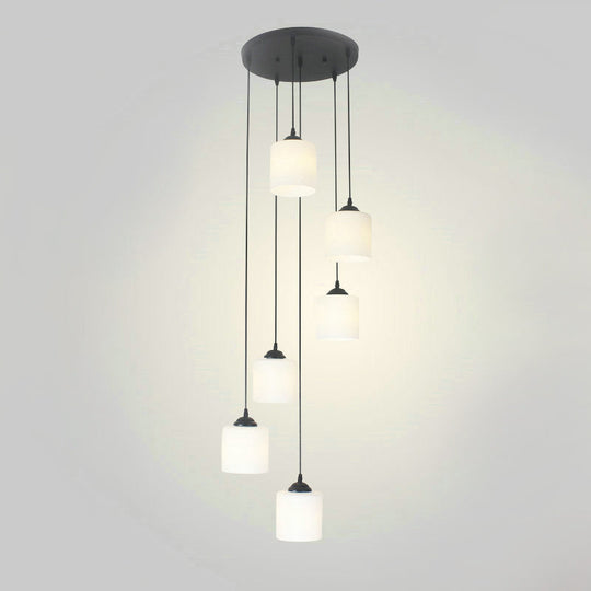Opal Glass Stairs Pendulum Light: Modernist Cylinder Cluster Pendant In Black