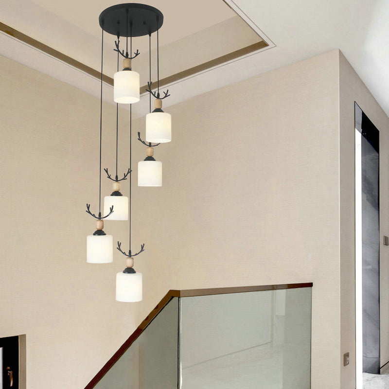 Opal Glass Stairs Pendulum Light: Modernist Cylinder Cluster Pendant In Black