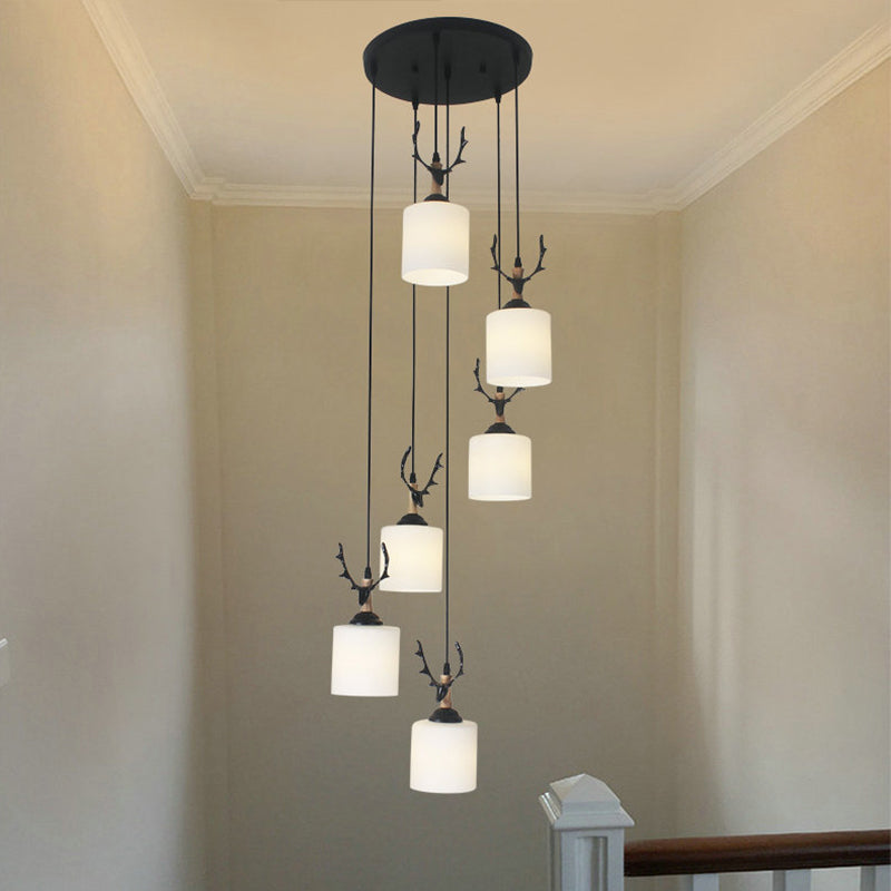 Opal Glass Stairs Pendulum Light: Modernist Cylinder Cluster Pendant In Black 6 / White C