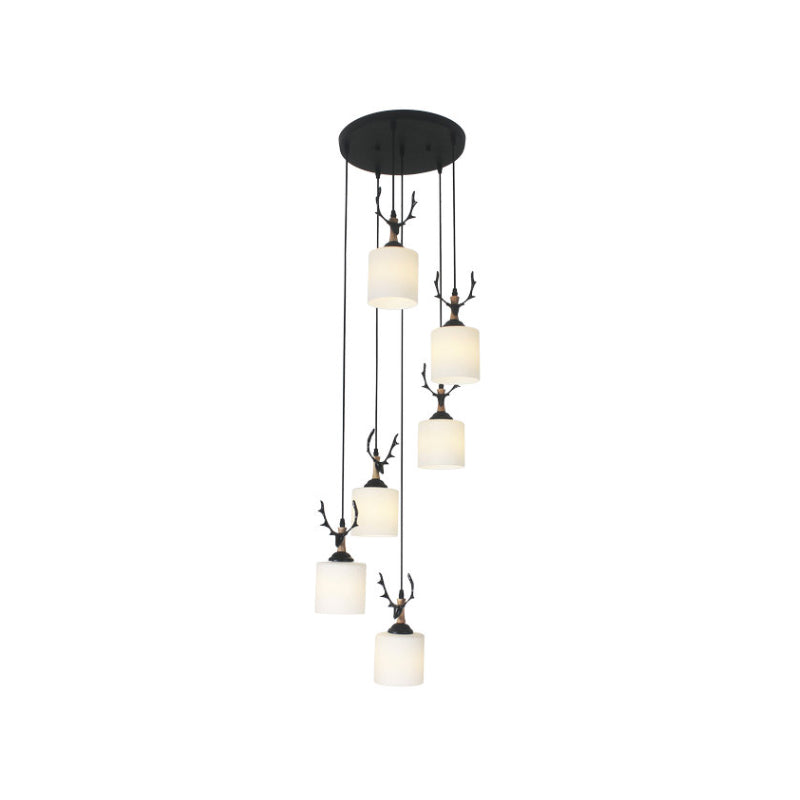 Opal Glass Modern Cylinder Pendant Light with Black Canopy for Stairs