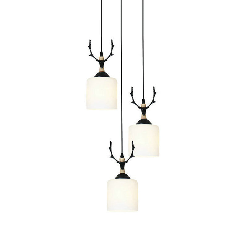 Opal Glass Stairs Pendulum Light: Modernist Cylinder Cluster Pendant In Black 3 / White C