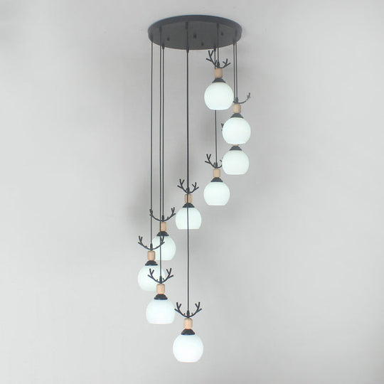 Spiral Milky Glass Multi Pendant Simple Hanging Ceiling Light in Black for Stairs