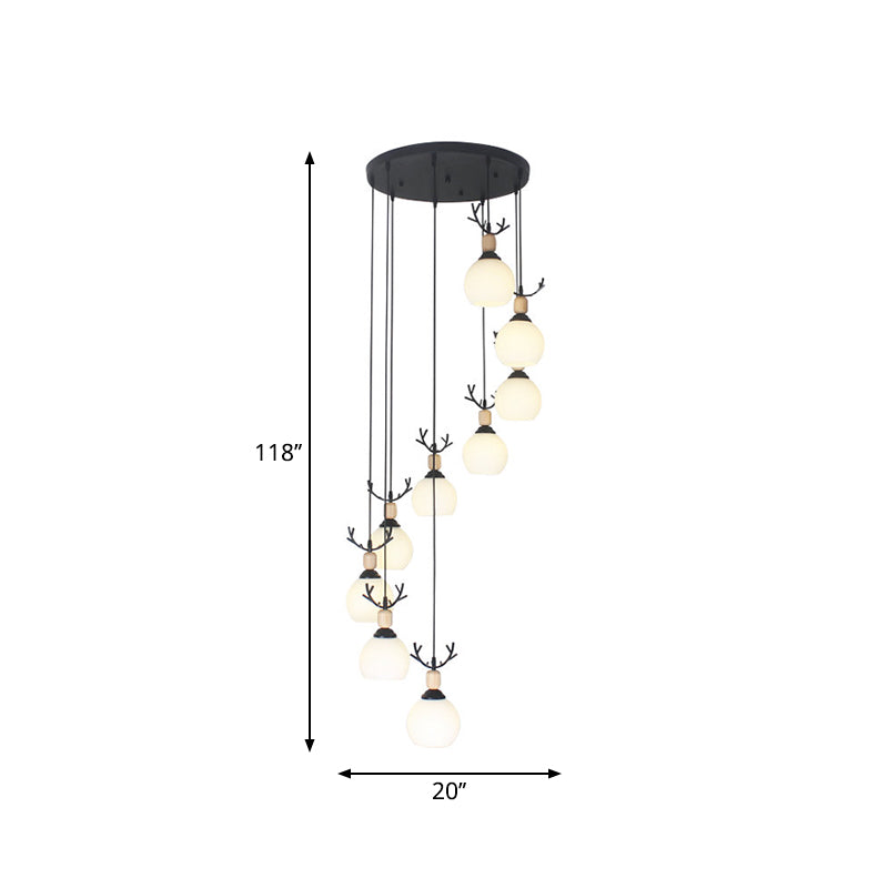 Spiral Milky Glass Multi Pendant Simple Hanging Ceiling Light in Black for Stairs