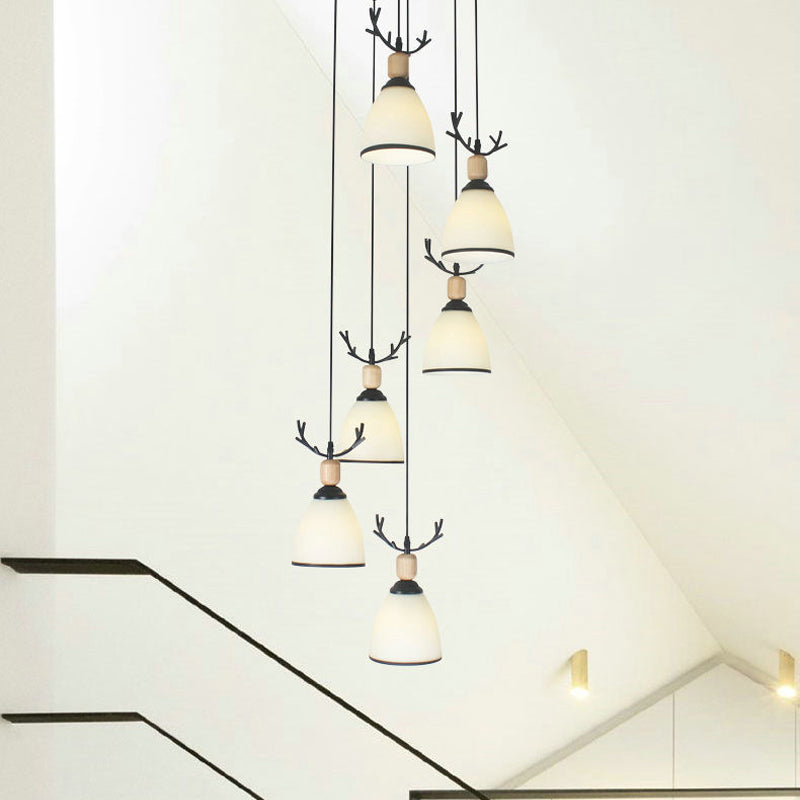 Contemporary Dome Stairs Swirl Pendant Light In Black With Opal Glass Accent Stylish Hanging