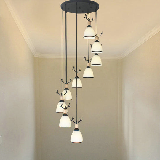 Contemporary Dome Stairs Swirl Pendant Light In Black With Opal Glass Accent Stylish Hanging