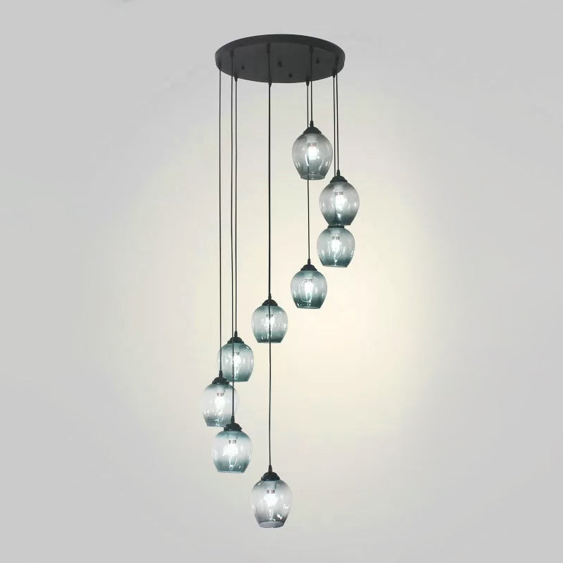 Modern Black Ceiling Lamp: 9-Head Corridor Multi Light Pendant With Dimpled Glass Shades 9 / Blue A