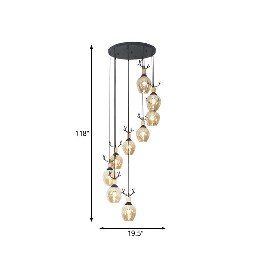 Modern Black Ceiling Lamp: 9-Head Corridor Multi Light Pendant With Dimpled Glass Shades