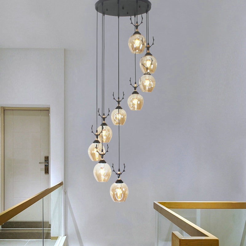 Modern Black Ceiling Lamp: 9-Head Corridor Multi Light Pendant With Dimpled Glass Shades 9 / Cognac