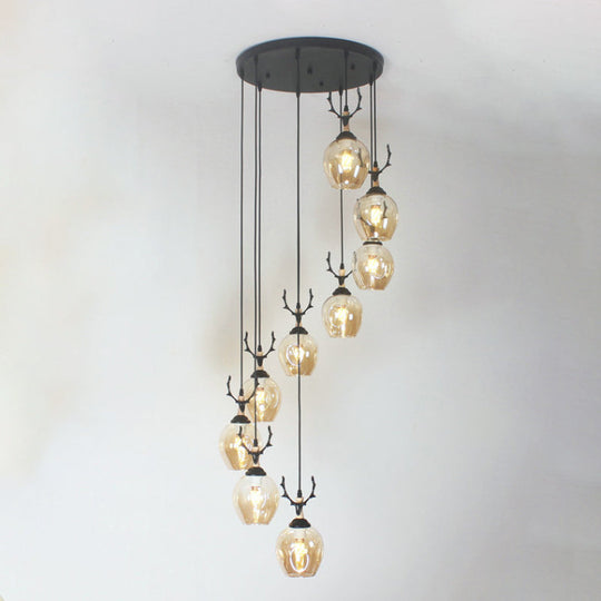 Modern Black Ceiling Lamp: 9-Head Corridor Multi Light Pendant With Dimpled Glass Shades