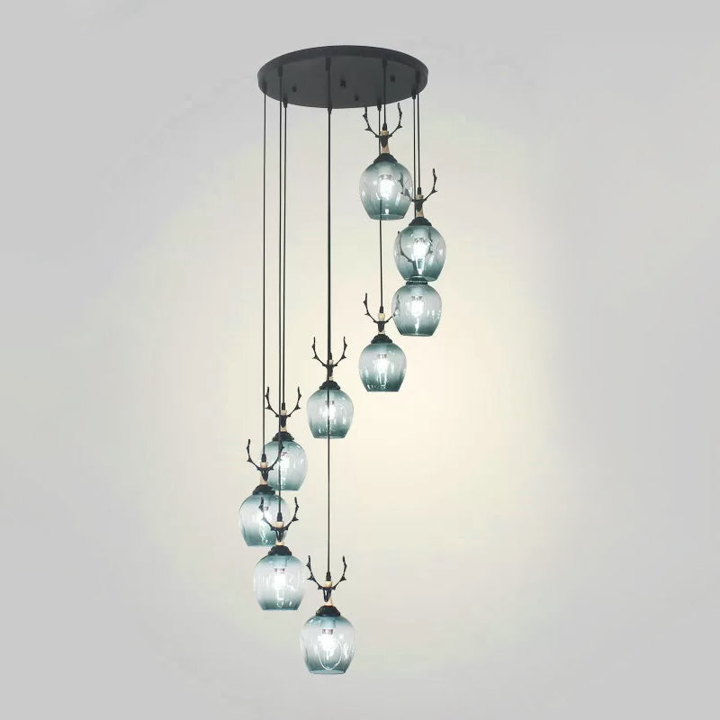 Modern Black Ceiling Lamp: 9-Head Corridor Multi Light Pendant With Dimpled Glass Shades 9 / Blue C