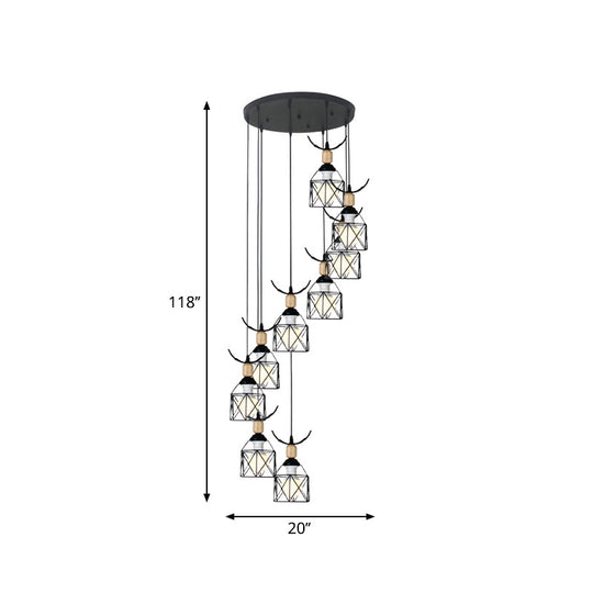 Modernist Black Hexagon Cage Pendant Lamp With Spiral Metal Design