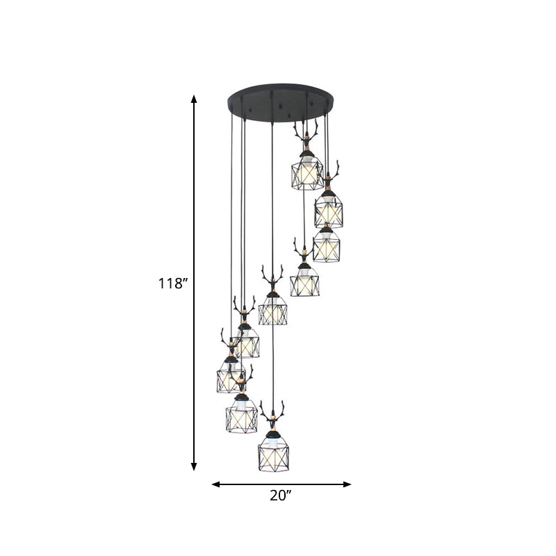 Modernist Black Hexagon Cage Pendant Lamp with Spiral Design - Metal Multiple Hanging Light
