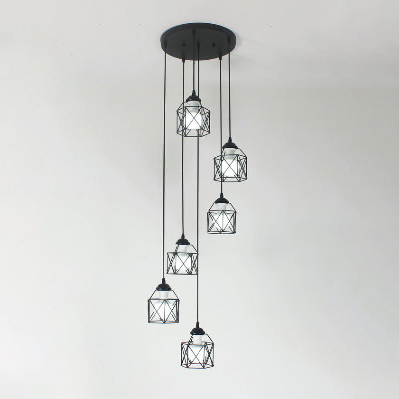 Modernist Black Hexagon Cage Pendant Lamp With Spiral Metal Design