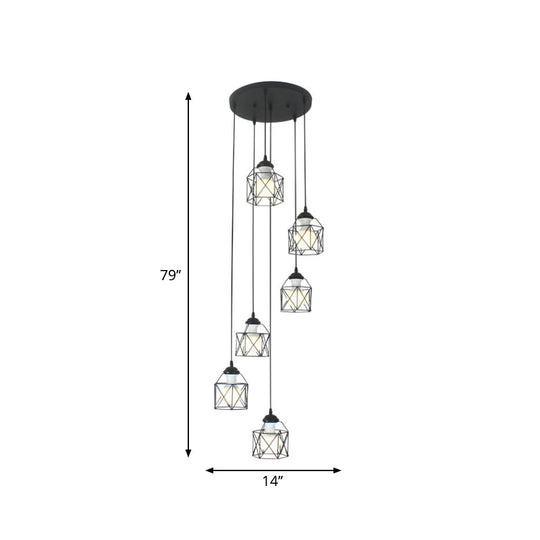 Modernist Black Hexagon Cage Pendant Lamp with Spiral Design - Metal Multiple Hanging Light