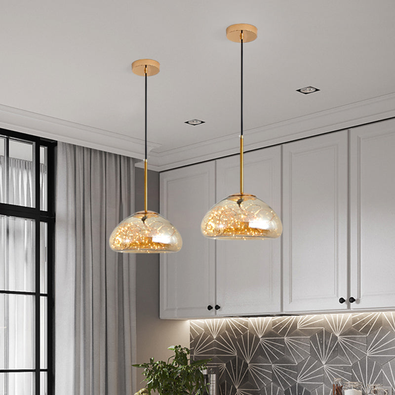Minimalist Glass Pendant Light With Domed String Suspension - 1 Head Drop Lamp