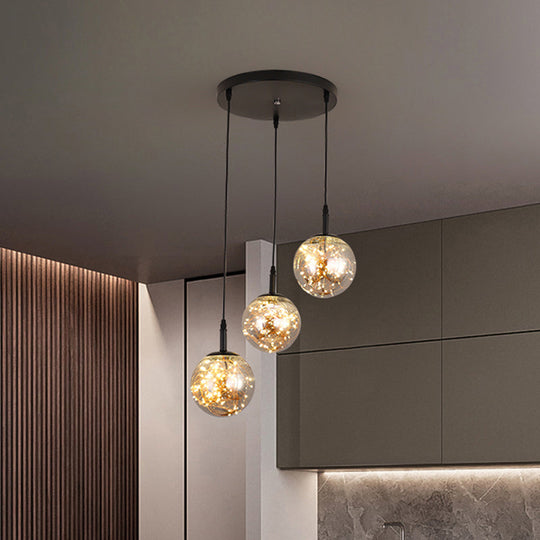 Simplistic Glass Starry Pendant Light For Bedroom - Spherical Cluster Hanging Lamp Kit Smoke Gray