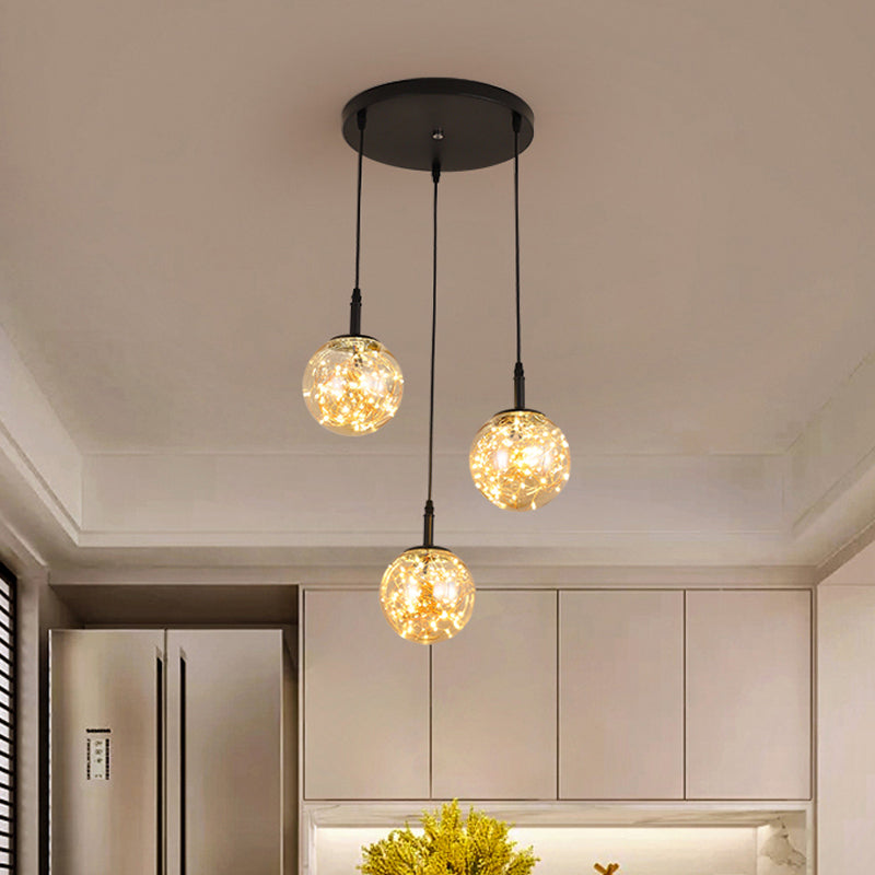 Simplistic Glass Starry Pendant Light For Bedroom - Spherical Cluster Hanging Lamp Kit Amber
