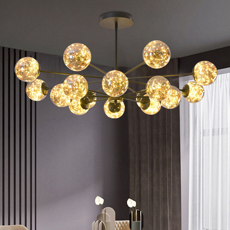 Modern Black Spherical Chandelier For Dining Room - Simplistic Ceiling Pendant Light With Glass