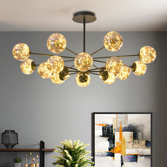 Modern Black Spherical Chandelier For Dining Room - Simplistic Ceiling Pendant Light With Glass