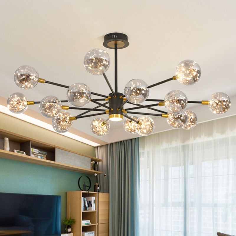 Modern LED Chandelier with Orb Glass Shade - Starburst Hanging Ceiling Light for Living Room