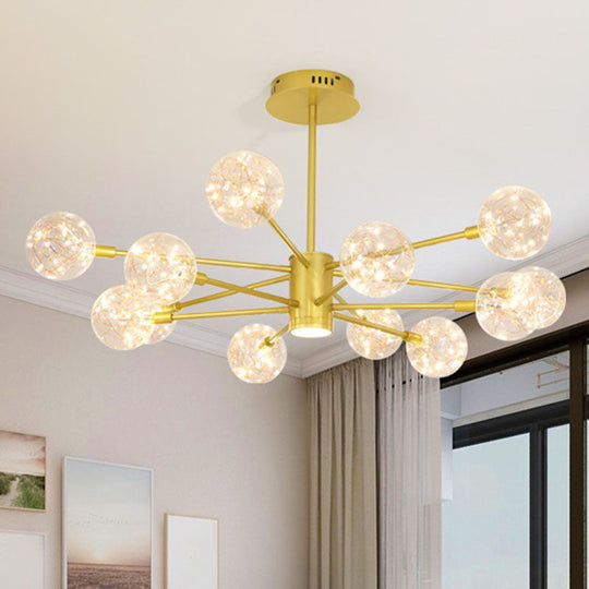 Modern Metal Led Chandelier With Orb Glass Shade For Living Room - Starburst Hanging Ceiling Light
