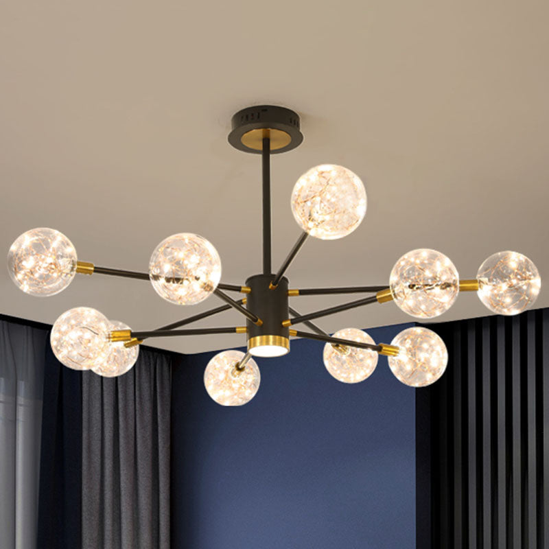 Modern Metal Led Chandelier With Orb Glass Shade For Living Room - Starburst Hanging Ceiling Light
