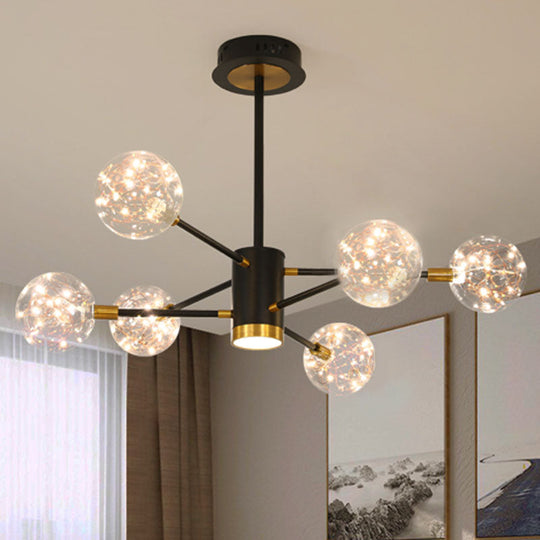 Modern Metal Led Chandelier With Orb Glass Shade For Living Room - Starburst Hanging Ceiling Light 6