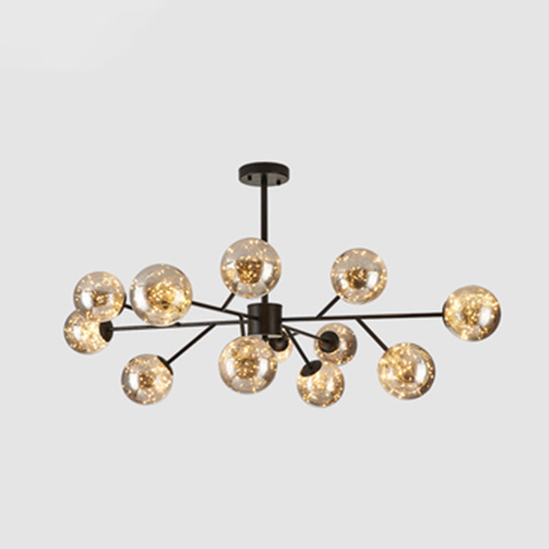 Stylish Minimalist Ball Chandelier - Starry LED Lighting, Cognac Glass, Bedroom Pendant