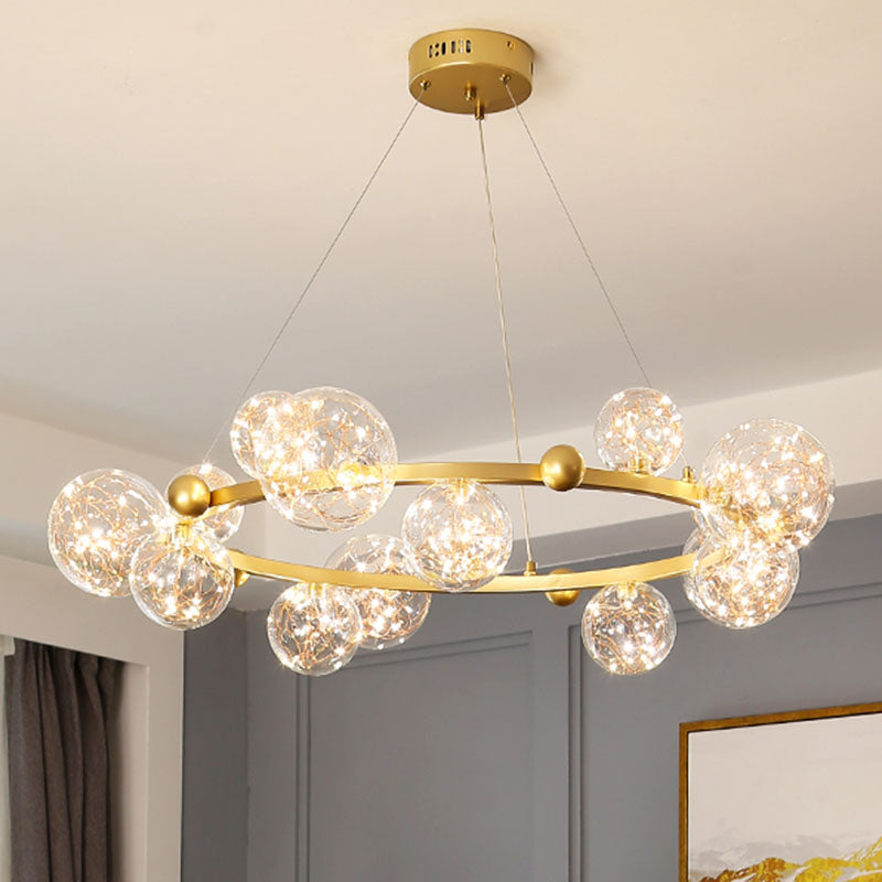 Simple Led Starry Globe Pendant Lamp With Clear Glass Shade - Ring Metal Chandelier 15 / Gold