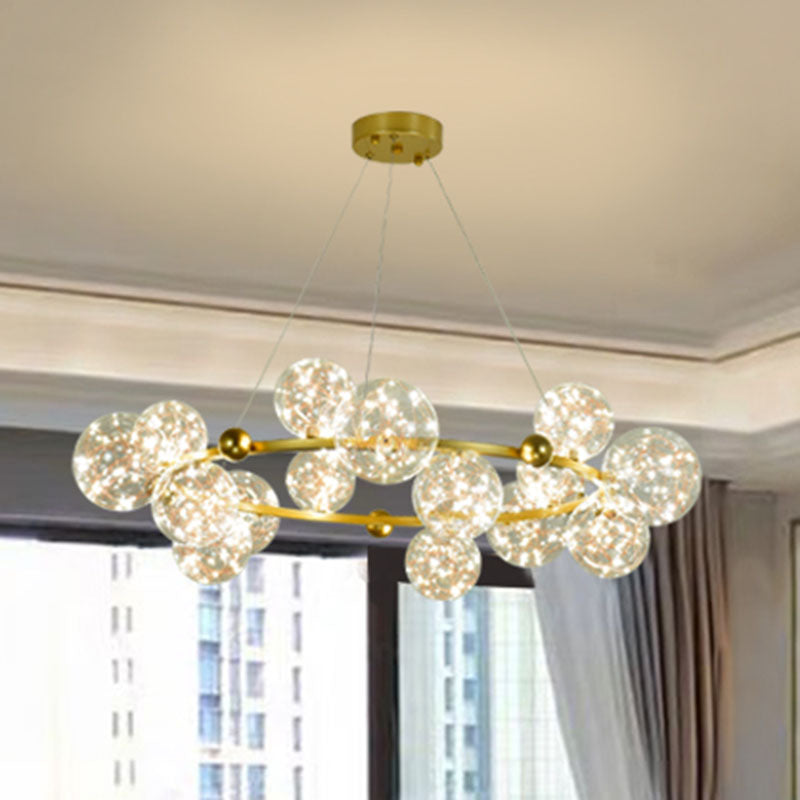 Simple Led Starry Globe Pendant Lamp With Clear Glass Shade - Ring Metal Chandelier