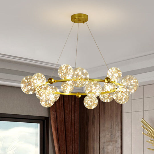 Simple Led Starry Globe Pendant Lamp With Clear Glass Shade - Ring Metal Chandelier