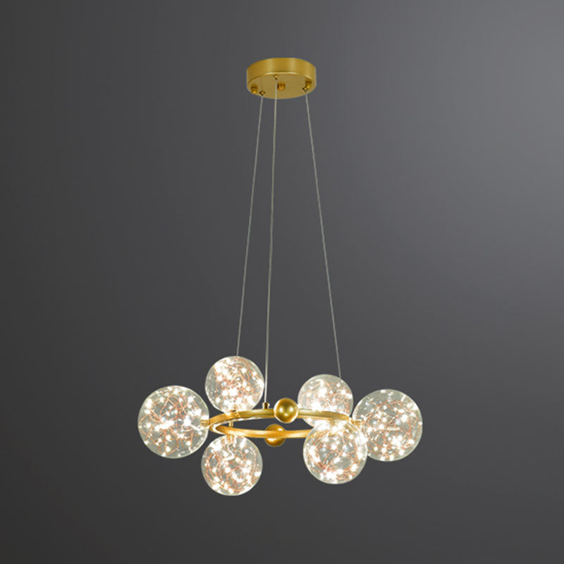 Simple Led Starry Globe Pendant Lamp With Clear Glass Shade - Ring Metal Chandelier 6 / Gold