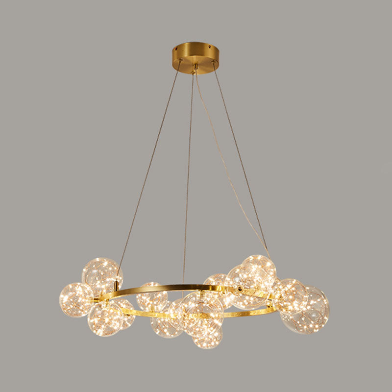 Minimal Living Room LED Chandelier - Gold Pendant Lighting with Clear Glass Orb Shade